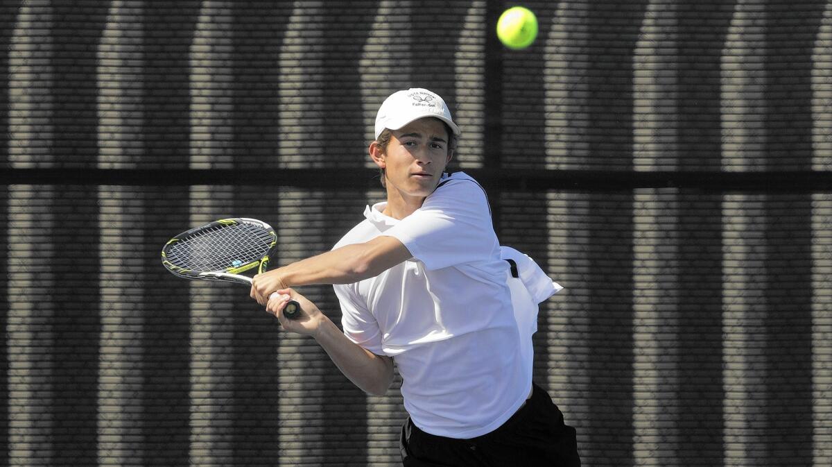 Corona del Mar High senior Bjorn Hoffmann, seen here in a CIF Southern Section Division 1 second-round playoff match, swept in singles at Mira Costa in the quarterfinals on Monday.