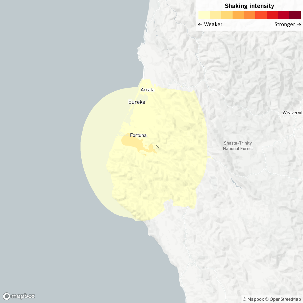Locator map showing the epicenter and shake area of the quake near the coast.