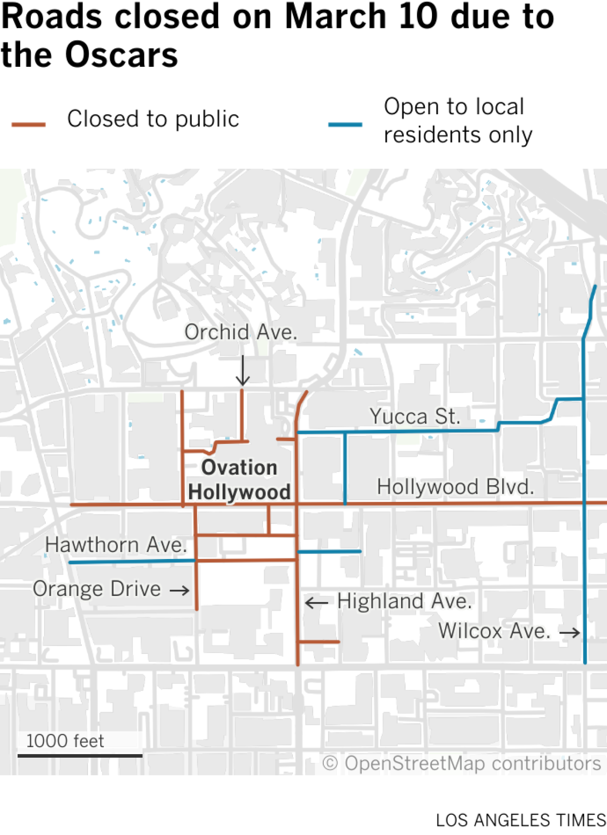 A map showing roads closed near the Dolby Theatre where the Oscars will be held on March 10, 2024.