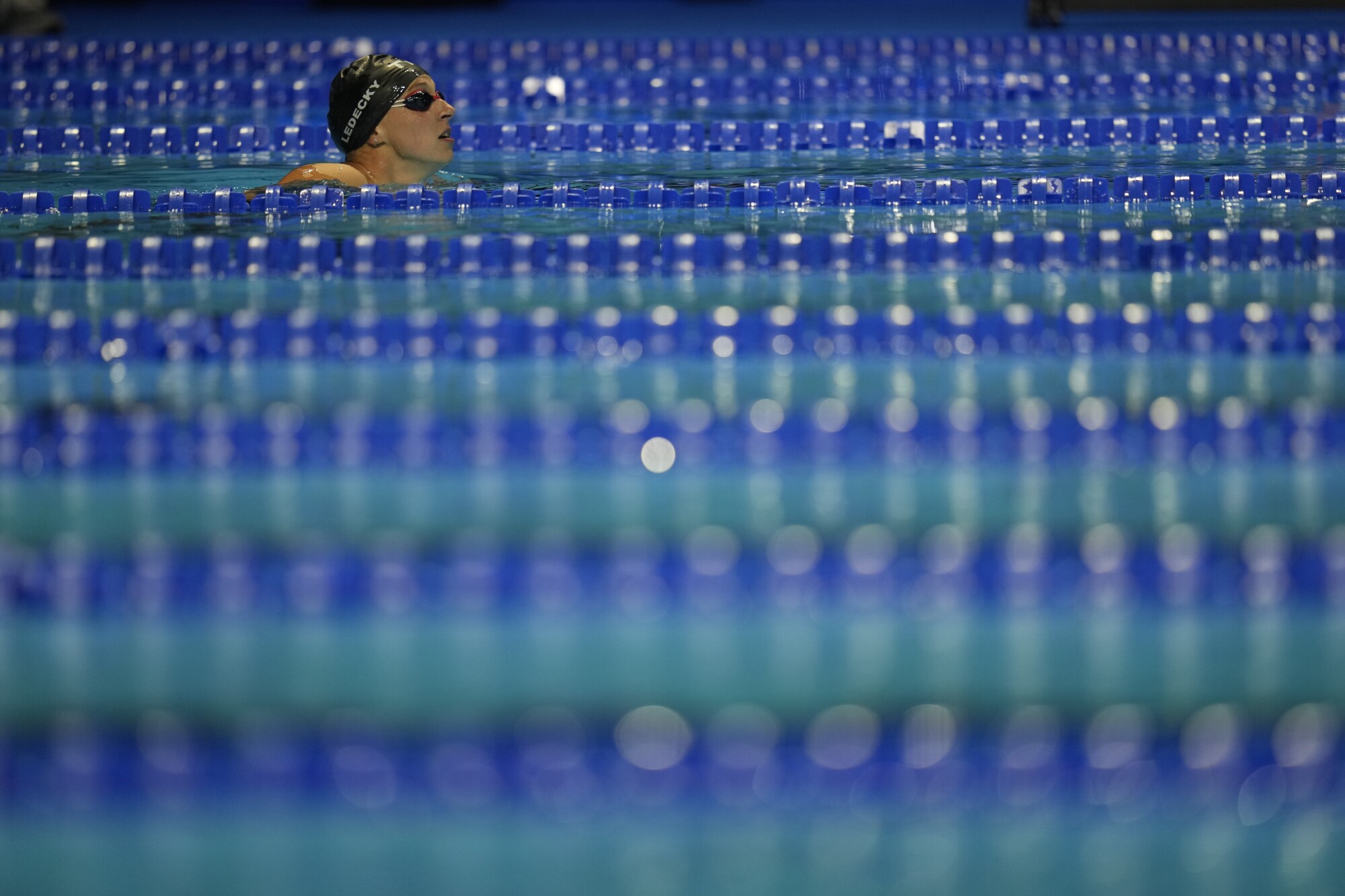 Katie Ledecky reacts after winning her heat in the Women's 200 Freestyle