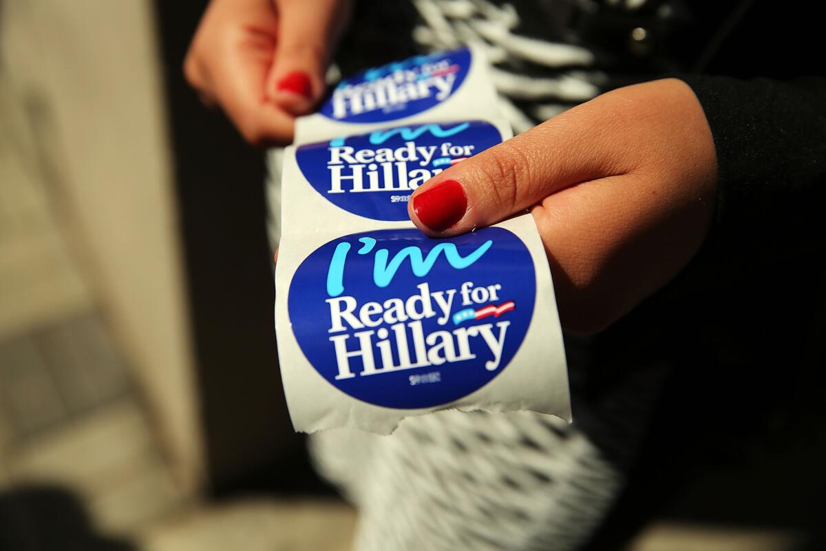 Stickers were handed out to supporters of Hillary Rodham Clinton's 2016 presidential campaign at a rally in Manhattan on April 11.