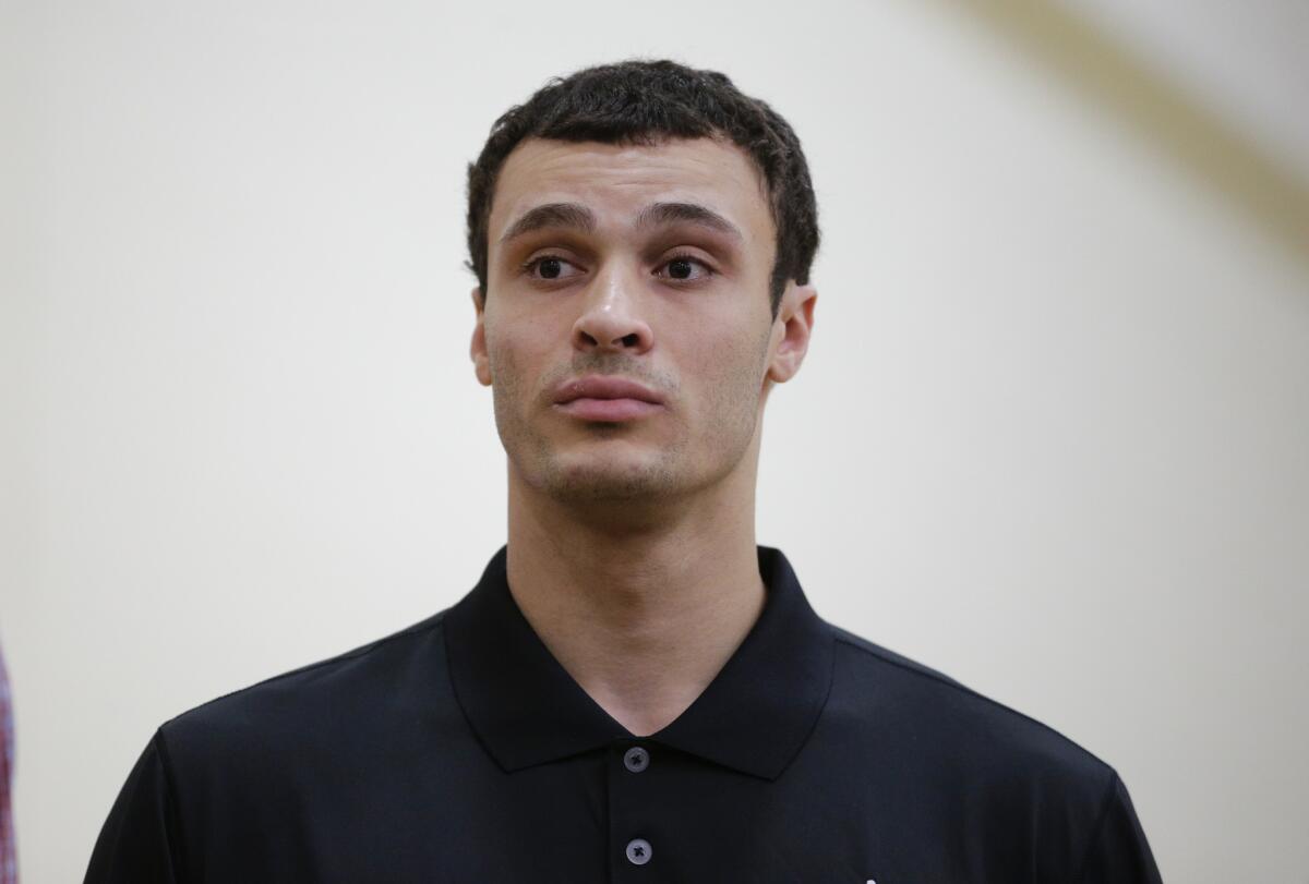 Larry Nance arrives for the Lakers' news conference introducing the team's draft picks.