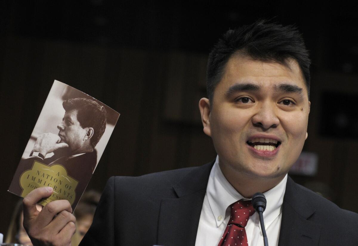 Pulitzer Prize-winning journalist, immigration rights activist and self-declared undocumented immigrant Jose Antonio Vargas testifying before Congress last year. He was nabbed by border security in Texas on Tuesday.