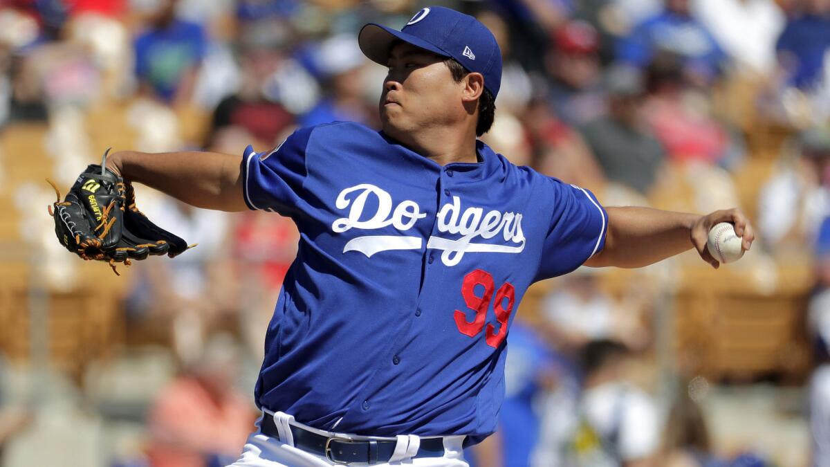Dodgers starter Hyun-Jin Ryu pitched two scoreless innings against the Angels on Saturday.