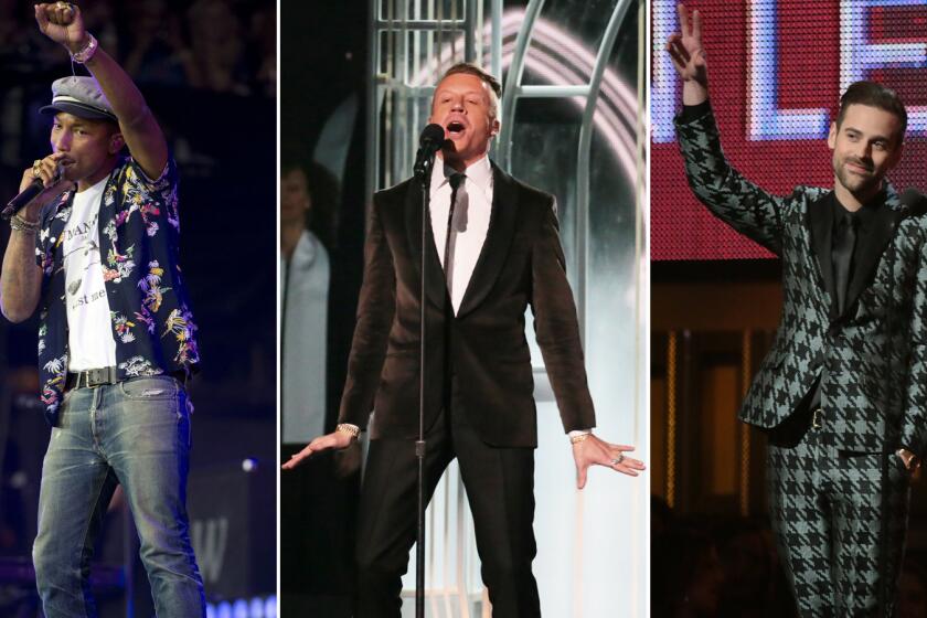 From left, Pharrell Williams, Macklemore and Ryan Lewis will join the MTV Video Awards lineup on Sunday.