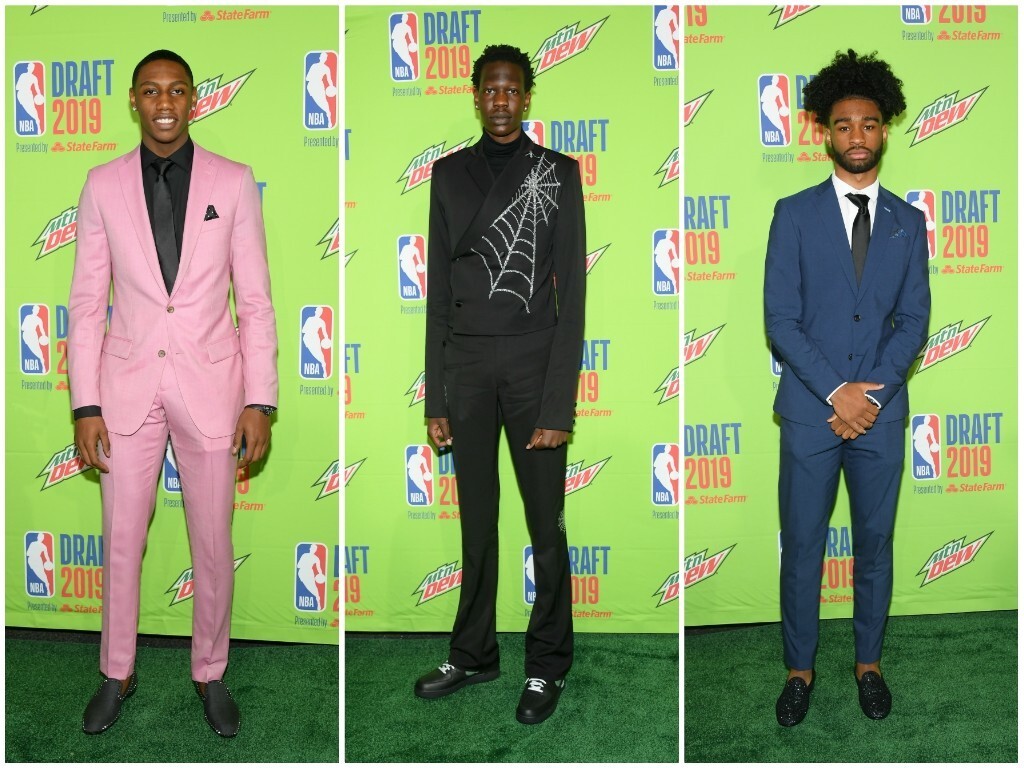 Freshly minted NBA players rocking memorable suits at the June 20, 2019, NBA Draft included, from left, RJ Barrett, Bol Bol and Coby White.