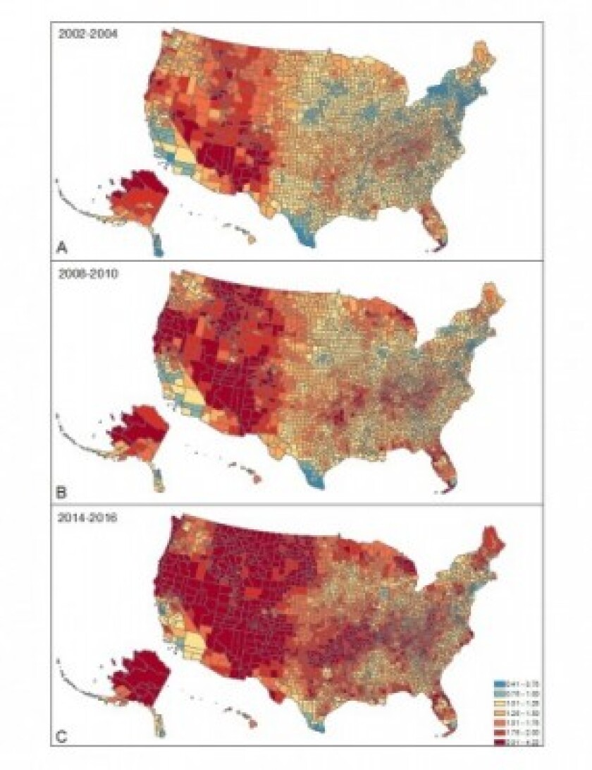 U.S. map showing suicide rates by county.