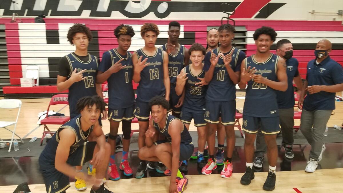 The Birmingham boys' basketball team poses after defeating Westchester for the City Section Open Division title.