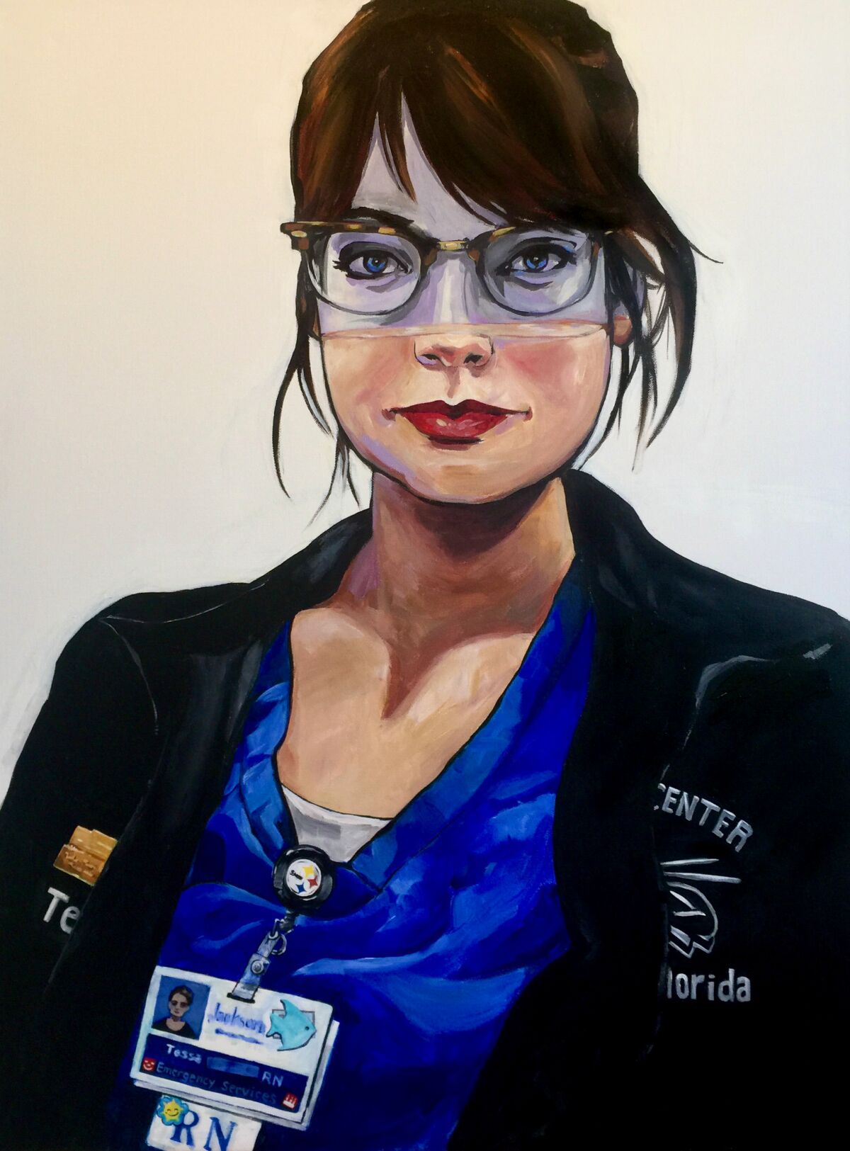 A self-portrait of artist and nurse Tessa Moeller titled "Feeling Drained."