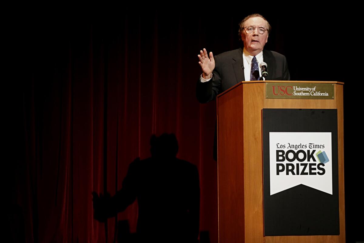 James Patterson speaks after receiving the Innovator's Award at the L.A. Times Book Prizes.