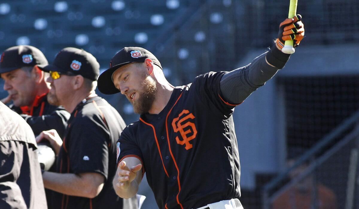 San Francisco's Hunter Pence warms up before batting practice on April17.