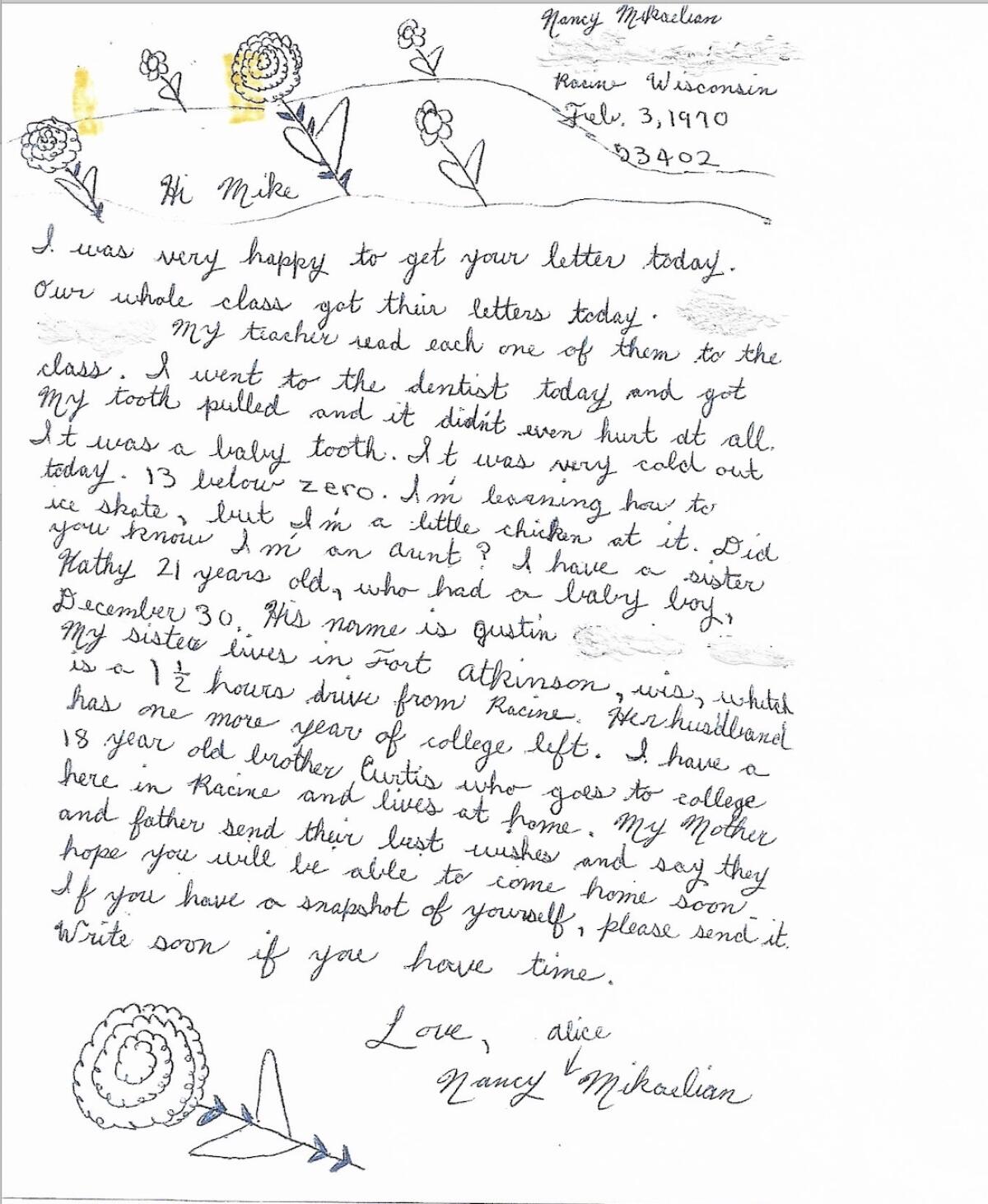 The second letter that Nancy Mikaelian Madey sent to Vietnam War soldier Michael Conrad in 1970.