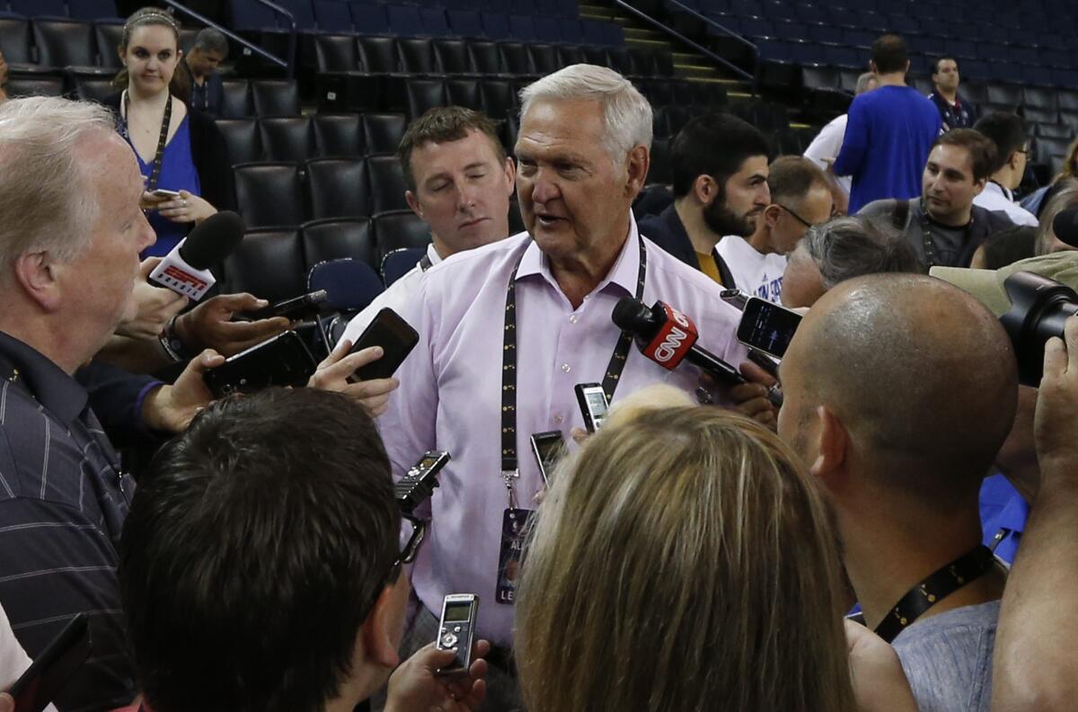 Golden State Warriors executive Jerry West responds to questions during media availability at an NBA Finals practice on June 4.