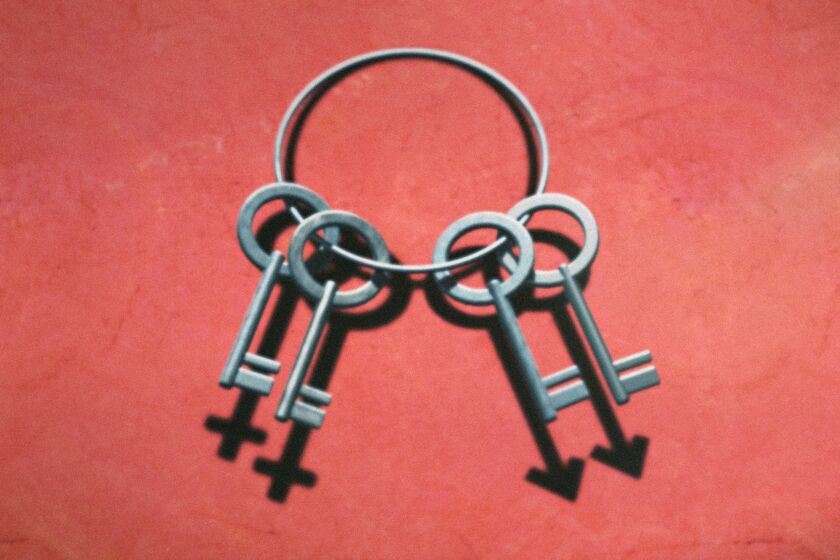 An illustration of jail keys whose shadows make the symbols for the gay and lesbian community. 