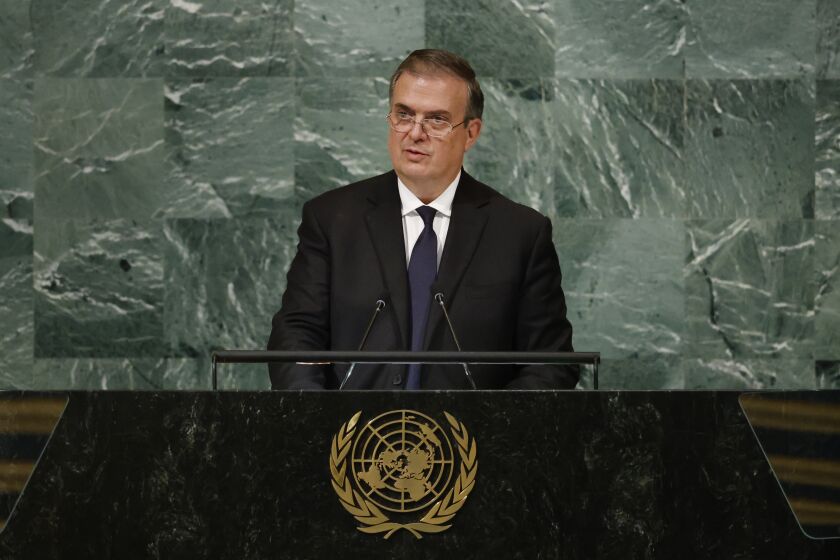 Foreign Minister of Mexico Marcelo Ebrard addresses the 77th session of the United Nations General Assembly at U.N. headquarters, Thursday, Sept. 22, 2022. (AP Photo/Jason DeCrow)