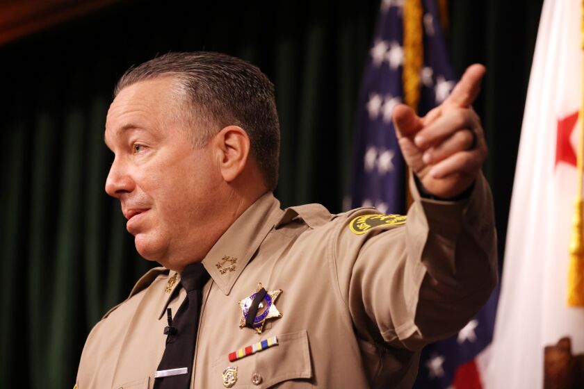LOS ANGELES, CA - JANUARY 19: Sheriff Alex Villanueva holds a press conference to discuss crime statistics and his annual goals at the Hall of Justice on Wednesday, Jan. 19, 2022 in Los Angeles, CA. Among topics discussed were the need to start with a fresh LA Metro Public Safety Advisory Committee. (Dania Maxwell / Los Angeles Times)
