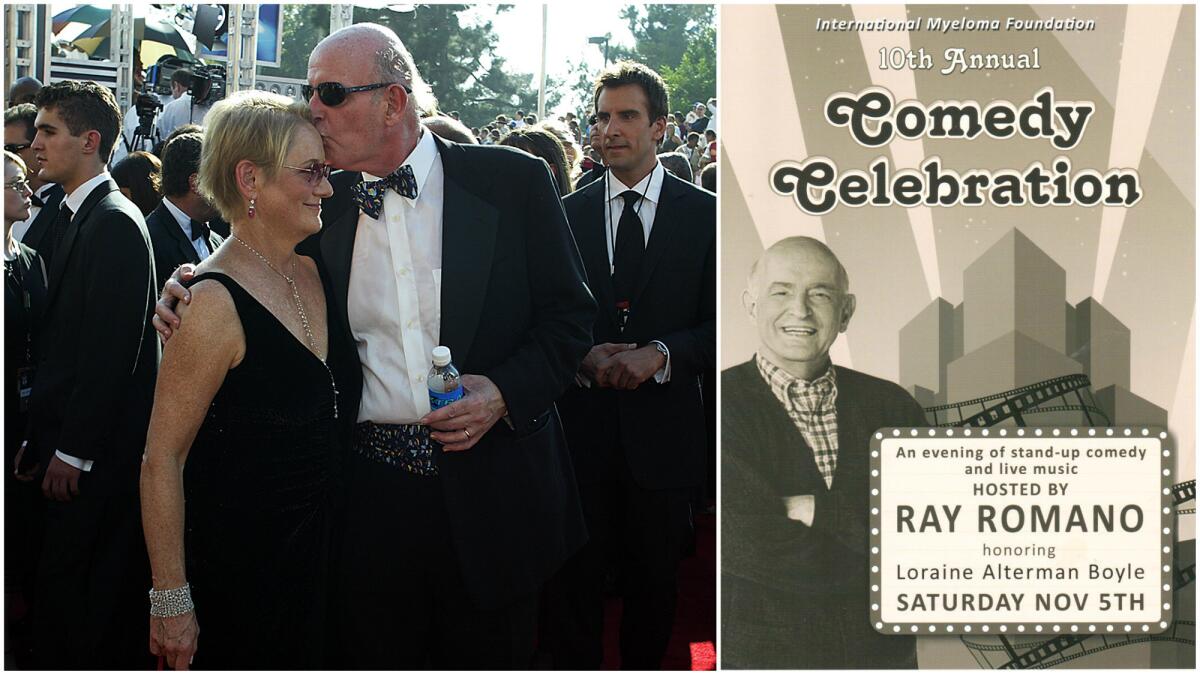 Loraine Alterman Boyle with husband Peter Boyle at the 55th Emmy Awards in 2000, left, and the invitation to the 10th annual fundraiser in his memory, right. To date the event has raised more than $5 million to fight myeloma.