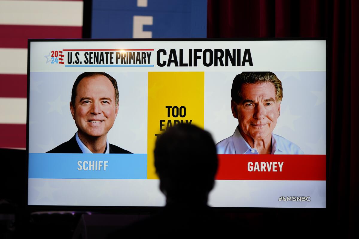 The back of a head in front of a screen reading "Senate primary: California," with photos of Adam Schiff and Steve Garvey