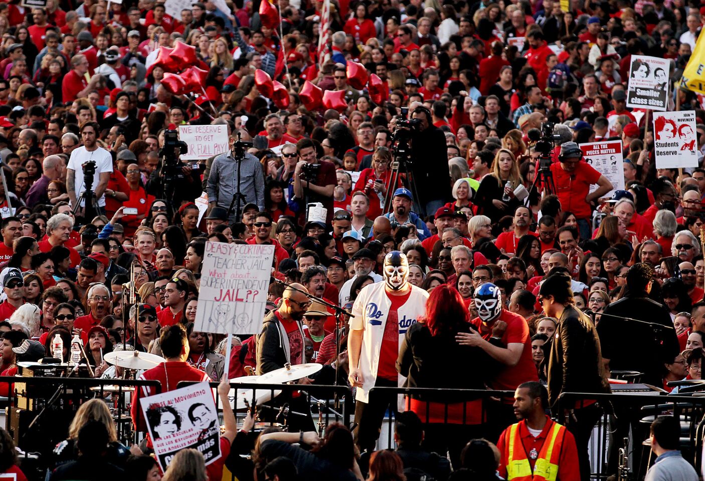 Thousands of teachers from throughout the L.A. Unified School District rally in downtown's Grand Park on Feb. 26 to press for contract demands.