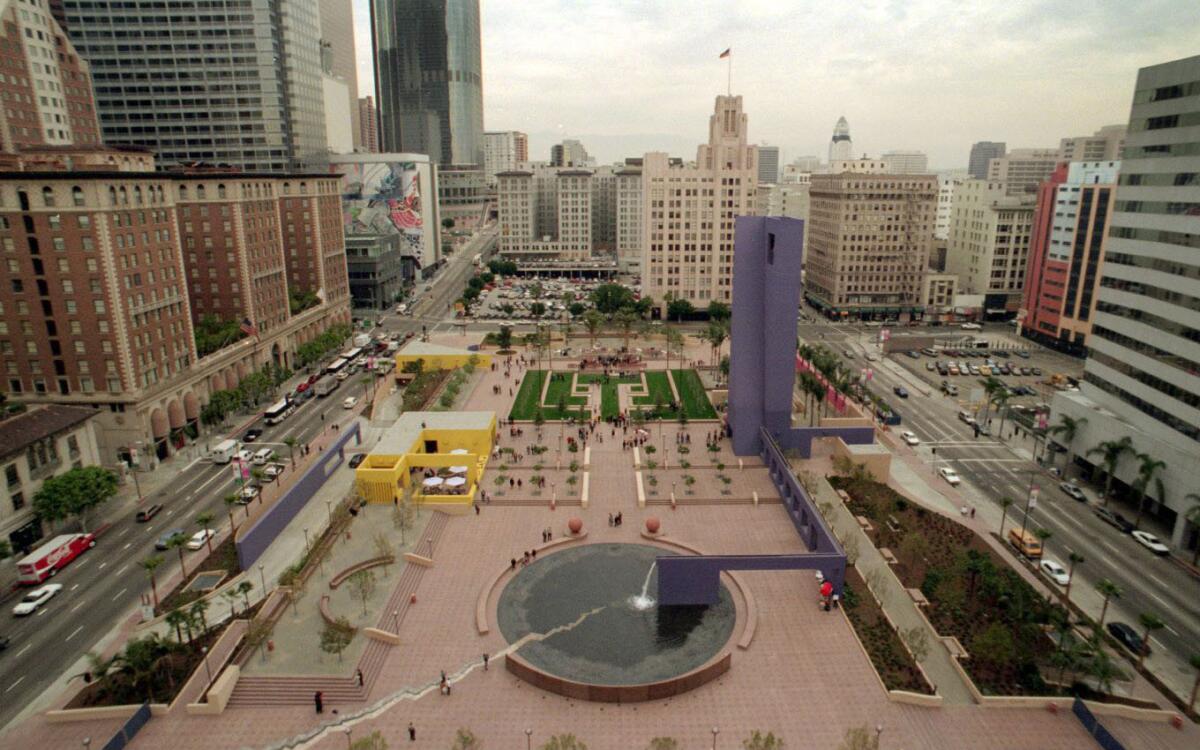 Pershing Square was most recently redesigned in 1994 by Mexican architect Ricardo Legorreta and landscape architect Laurie Olin. Along with bright color and a good deal of hardscape, their design added walls and towers to the existing parking ramps along the perimeter.
