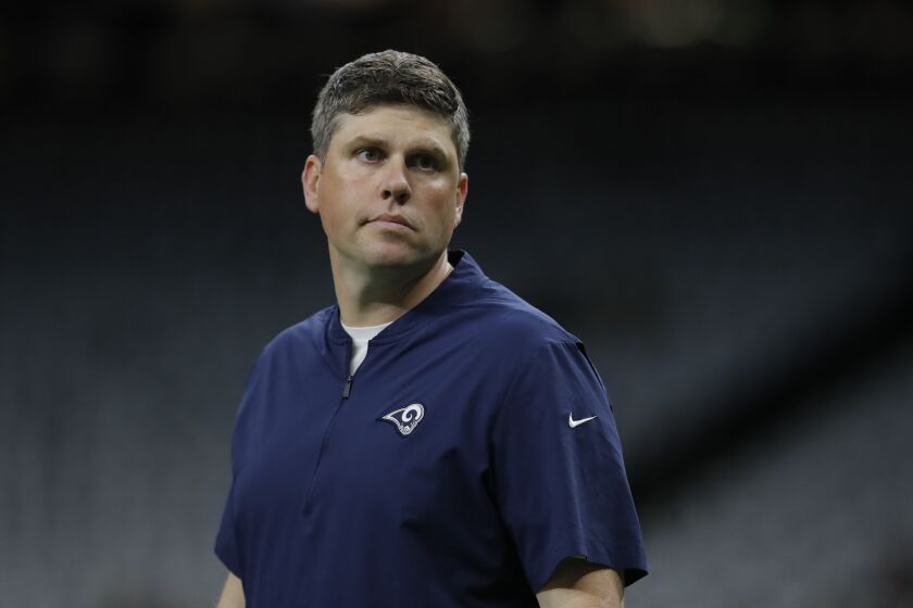 Los Angeles Rams pass game coordinator Shane Waldron is seen before the NFL football NFC championship game against the New Orleans Saints Sunday, Jan. 20, 2019, in New Orleans. (AP Photo/Carolyn Kaster)