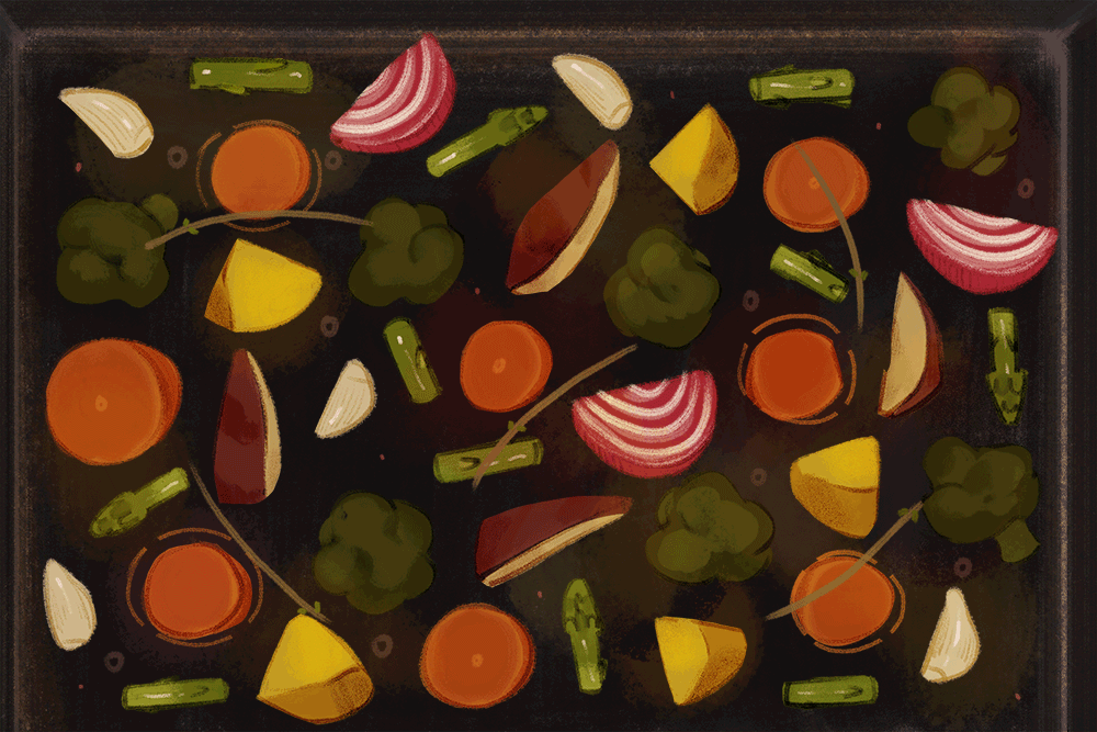 Illustration for the how to boil water series, roasted vegetables.