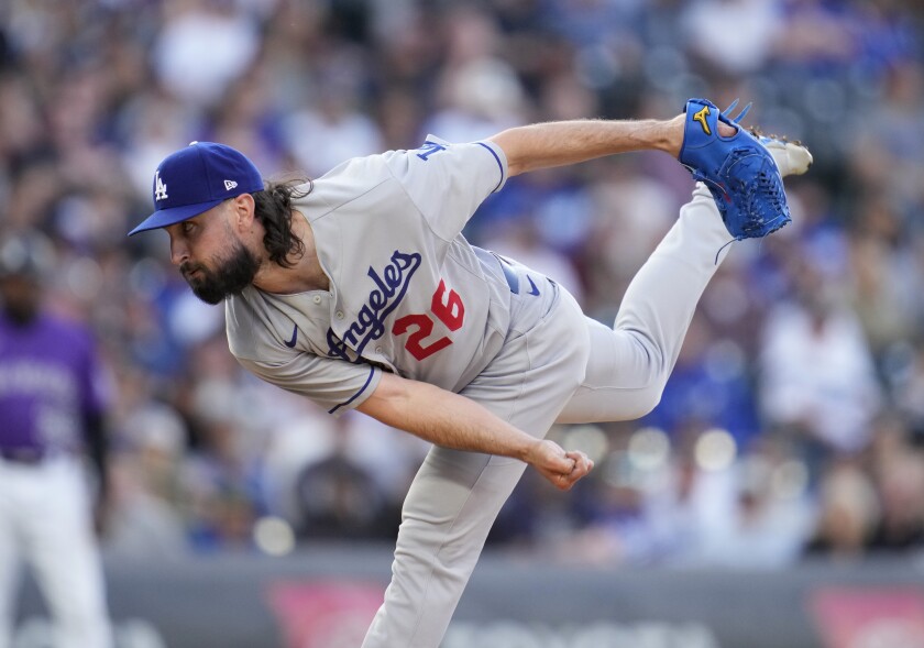 Los Angeles Dodgers starting pitcher Tony Gonsolin works against the Colorado Rockies.