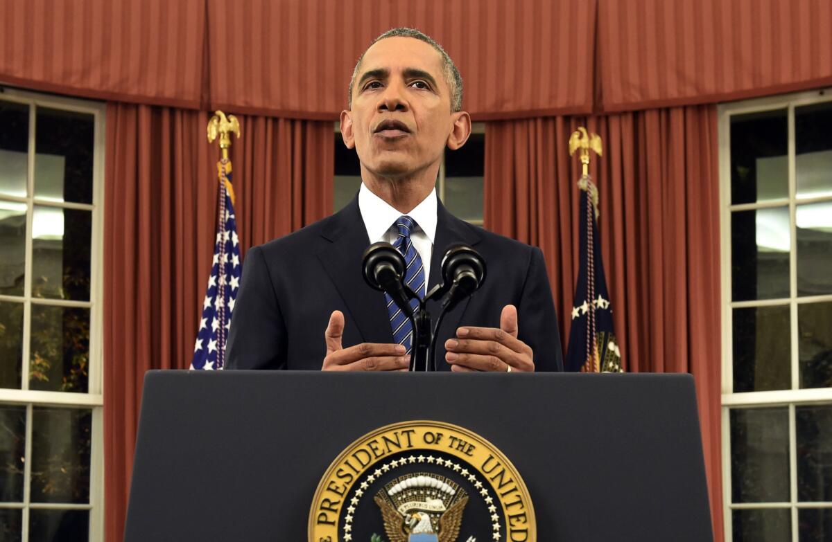 President Barack Obama addresses the nation from the Oval Office at the White House in Washington, Sunday night, Dec. 6, 2016.