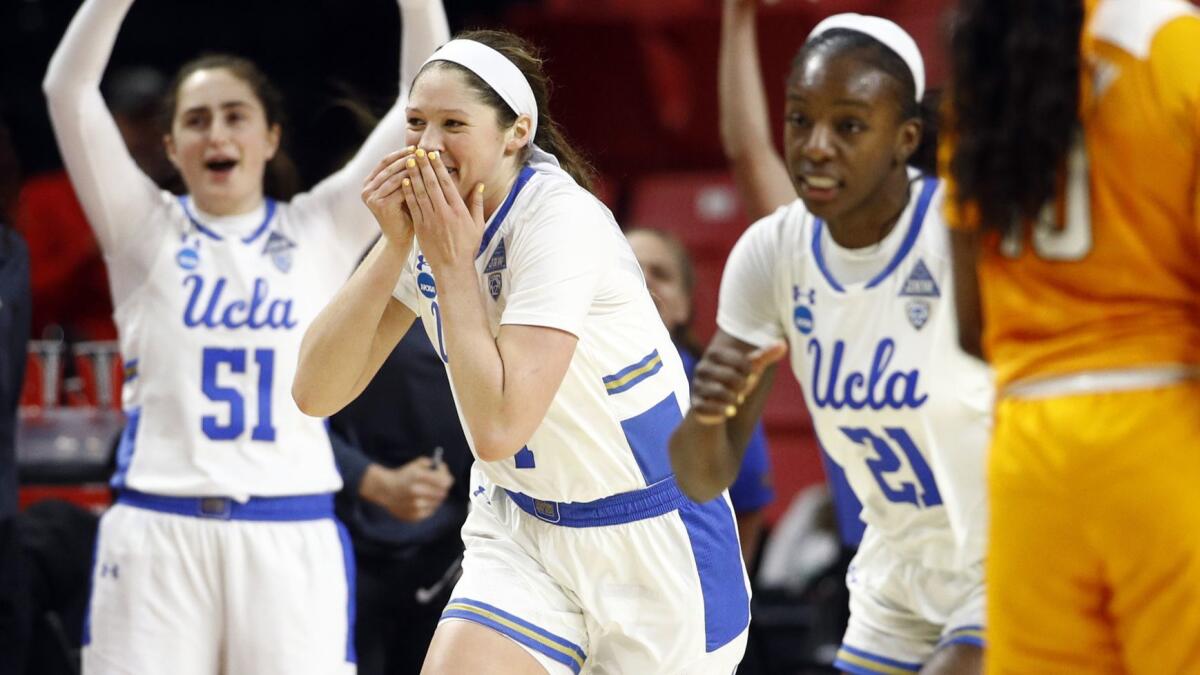 UCLA guard Lindsey Corsaro, second from left, reacts after making a 3-pointer during Saturday's win over Tennessee in the first round of the NCAA tournament.