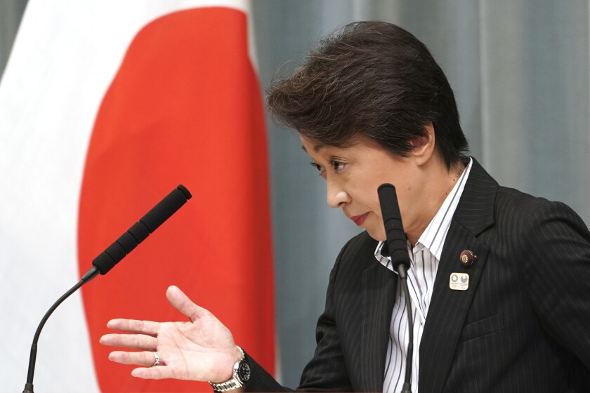 FILE - In this Sept. 11, 2019, file photo, then newly appointed Minister in charge of the Tokyo Olympic and Paralympic Games Seiko Hashimoto speaks during a press conference at the prime minister's official residence in Tokyo. U.S. President Donald Trump's suggestion to postpone the Tokyo Olympics for a year because of the spreading coronavirus was immediately shot down by the Olympic minister. “The IOC and the organizing committee are not considering cancellation or a postponement - absolutely not at all,” Hashimoto, an Olympic bronze medalist, told a news conference on Friday, March 13, 2020 in Tokyo. (AP Photo/Eugene Hoshiko, File)