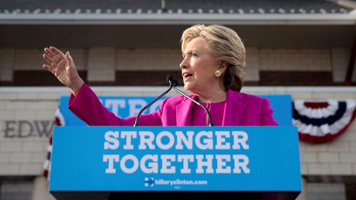 Democratic presidential candidate Hillary Clinton speaks at a rally at Pitt Community College in Winterville, N.C. on Nov. 3.