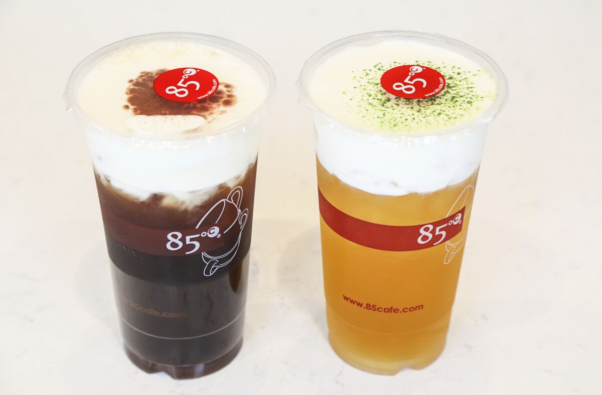 85°C Bakery Cafe is as famous for its baked goods as its signature sea salt drinks, like Sea Salt Coffee (left) and Sea Salt Jasmine Tea. The salt, which is balanced out by a sweetened heavy cream crown, enhances the flavors of the drink. 