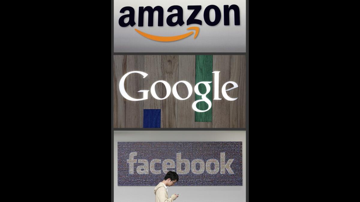 Composite photo shows the Amazon, Google and Facebook logos.