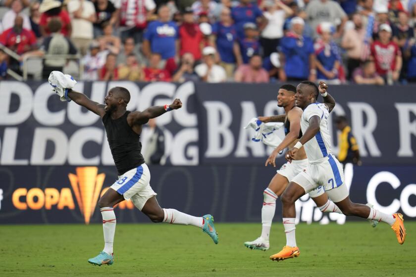 Players celebrate after defeating the United States in a CONCACAF Gold Cup semifinal soccer match Wednesday, July 12, 2023, in San Diego. Panama won 5-4 in a shootout after a 1-1 tie. (AP Photo/Gregory Bull)