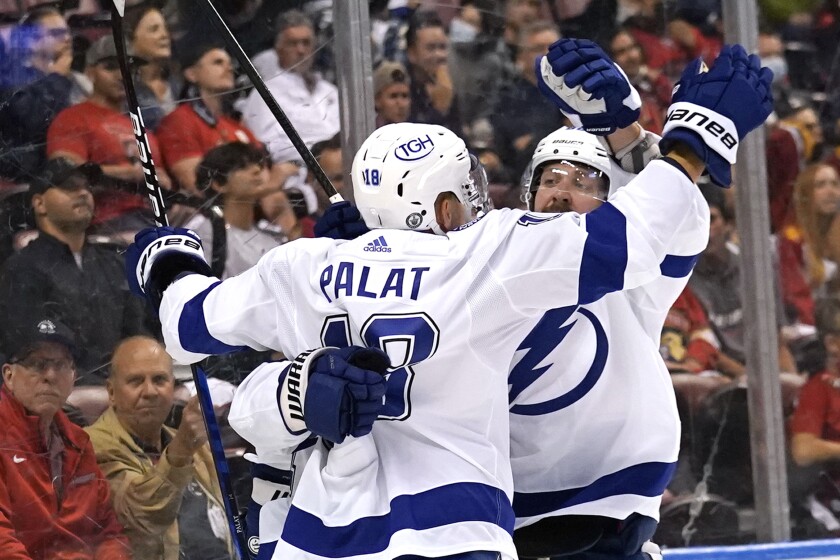 Tampa Bay Lightning left wing Ondrej Palat (18) celebrates after scoring a goal during the first period in Game 2 of the team's NHL hockey Stanley Cup first-round playoff series against the Florida Panthers, Tuesday, May 18, 2021, in Sunrise, Fla. (AP Photo/Lynne Sladky)