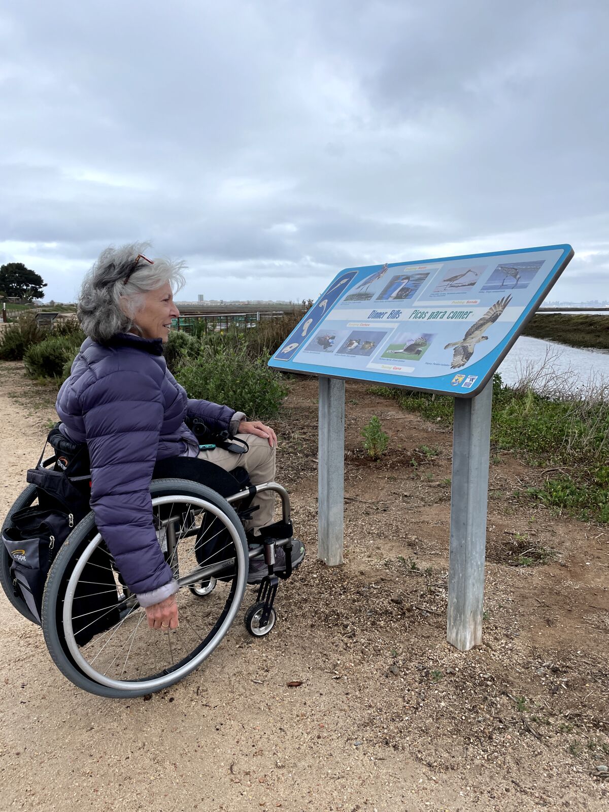 A wheelchair user looking at an interpretive sign on a trail