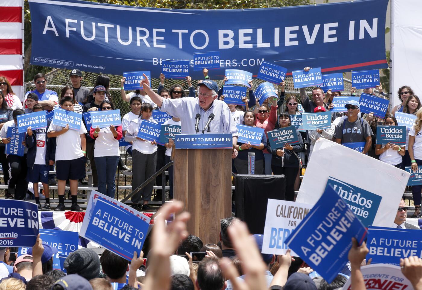 Democratic presidential candidate Bernie Sanders addresses an enthusiastic crowd at his campaign rally at Lincoln Park in East Los Angeles.