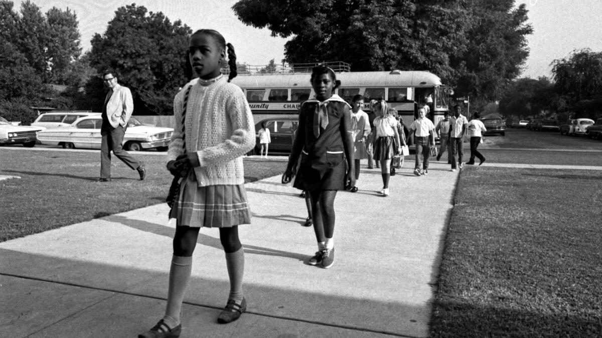 Black students arrive by bus to attend Plymouth Elementary School in Monrovia in September 1970. Monrovia was not under court order to implement mandatory busing, but did so to integrate its schools.