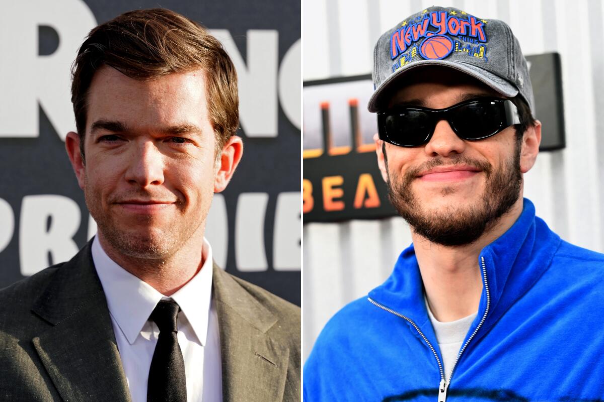 A split image of John Mulaney smiling in a suit and Pete Davidson smiling in a hat, sunglasses and a bright blue jacket