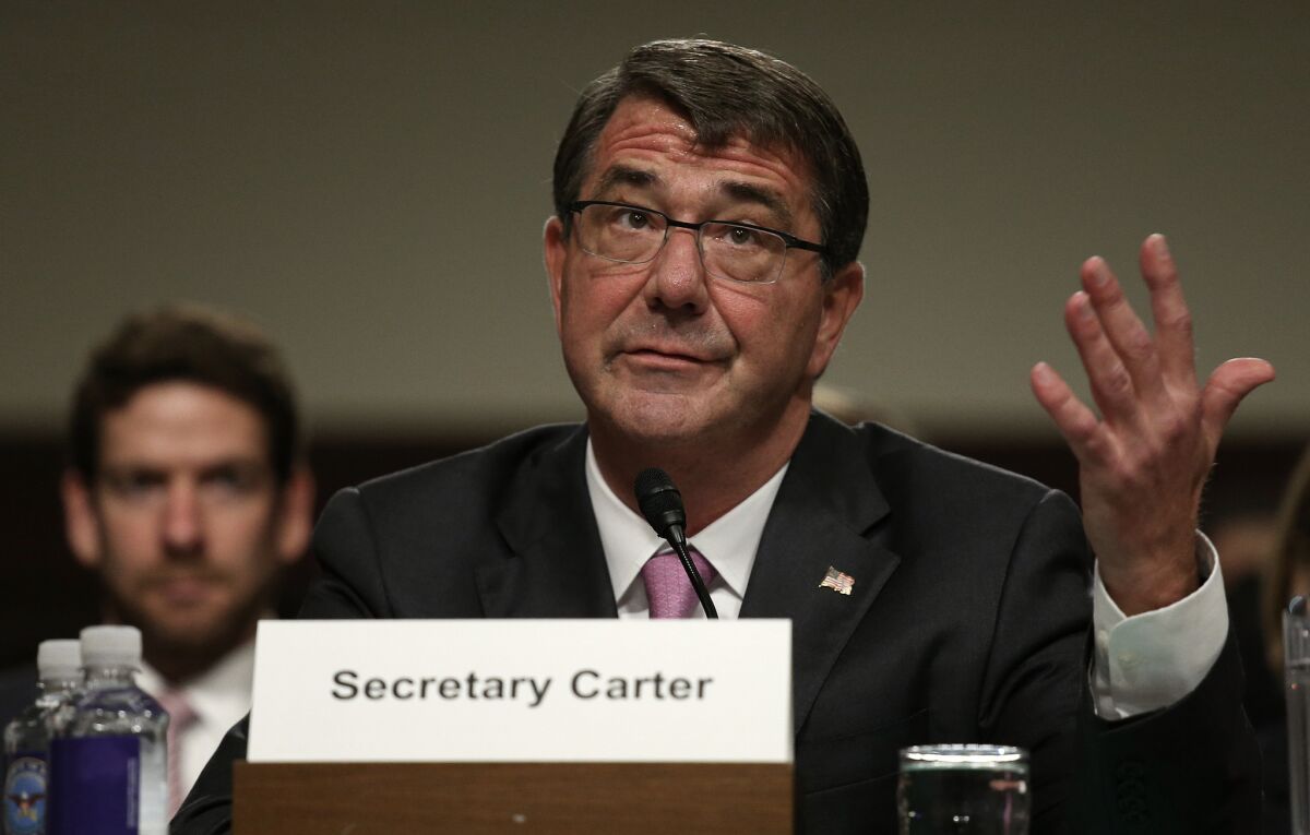 U.S. Secretary of Defense Ashton Carter answers questions during a hearing held by the Senate Armed Services Committee July 7, 2015 in Washington.