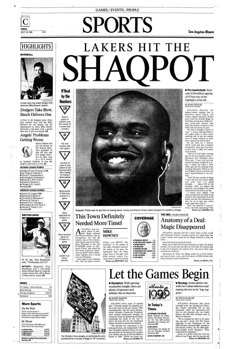 LA Times newspaper page: "Lakers hit the Shaqpot"