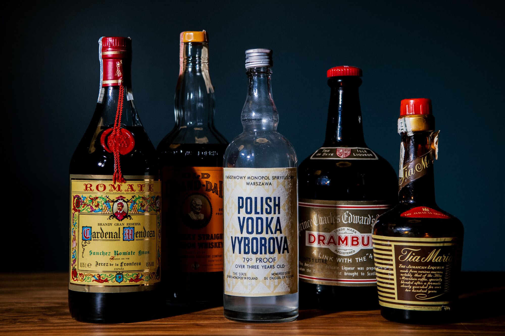 Bottles of vintage spirits.