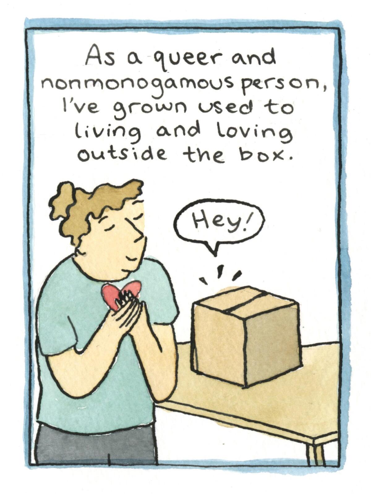 Illustration of a woman holding a heart and looking at an unopened package