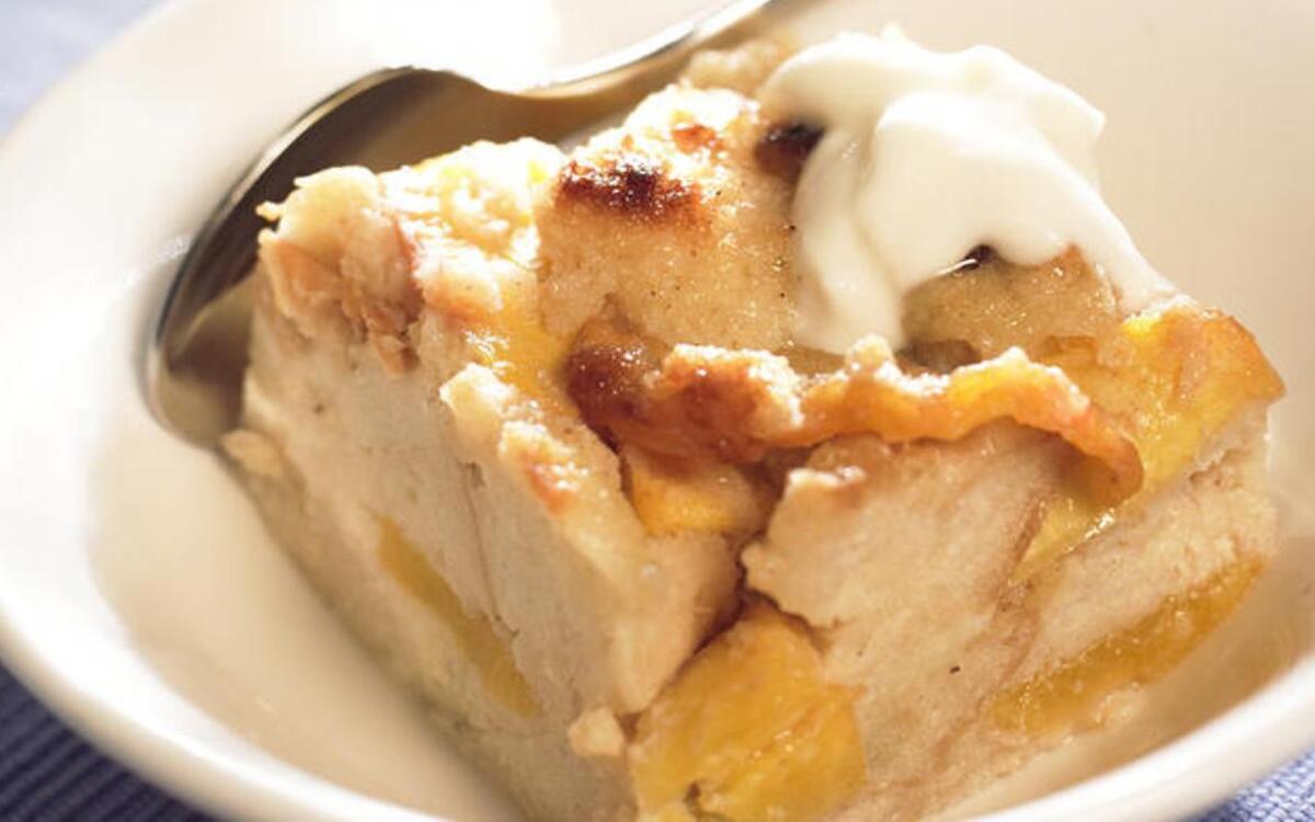 Peach and buttermilk bread pudding with golden raisins