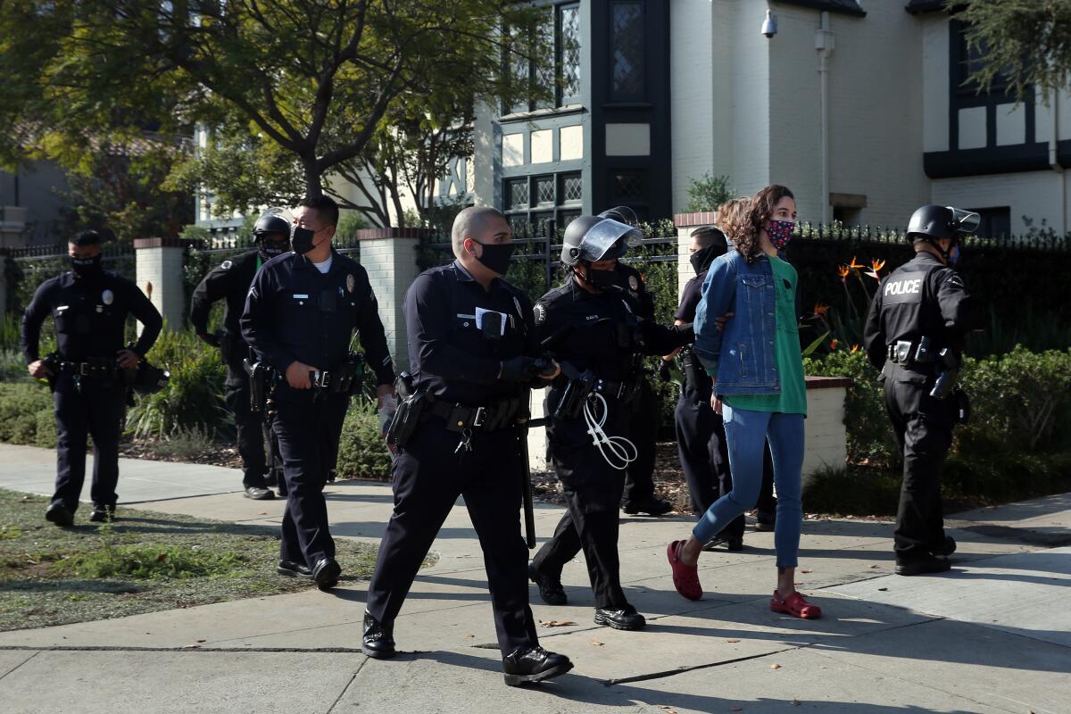 People were detained at a Black Lives Matter protest outside Mayor Eric Garcetti's home in Windsor Square on Thanksgiving.