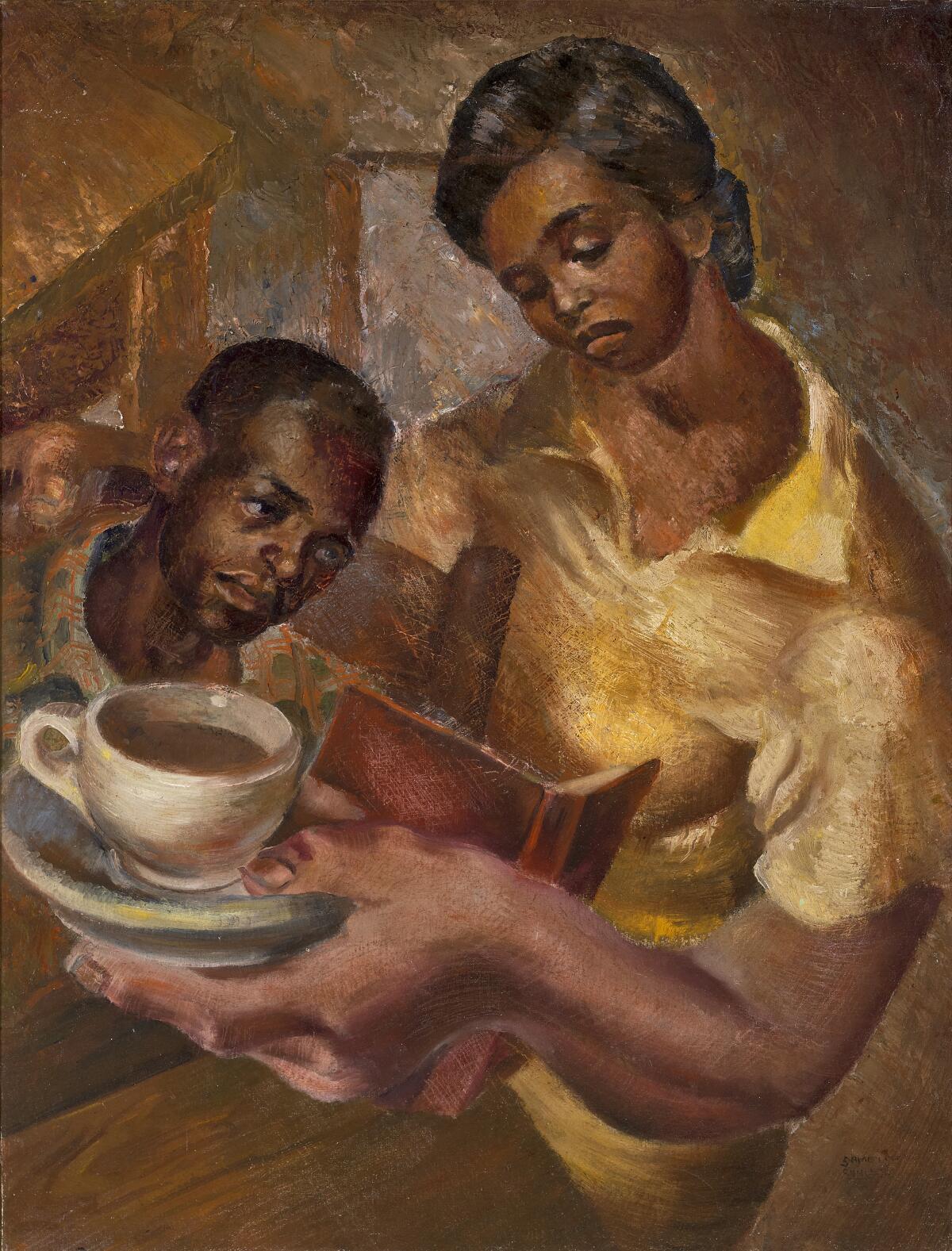 A painting in earth tones shows a Black man reading a book as a woman encircles him, holding a cup of coffee.