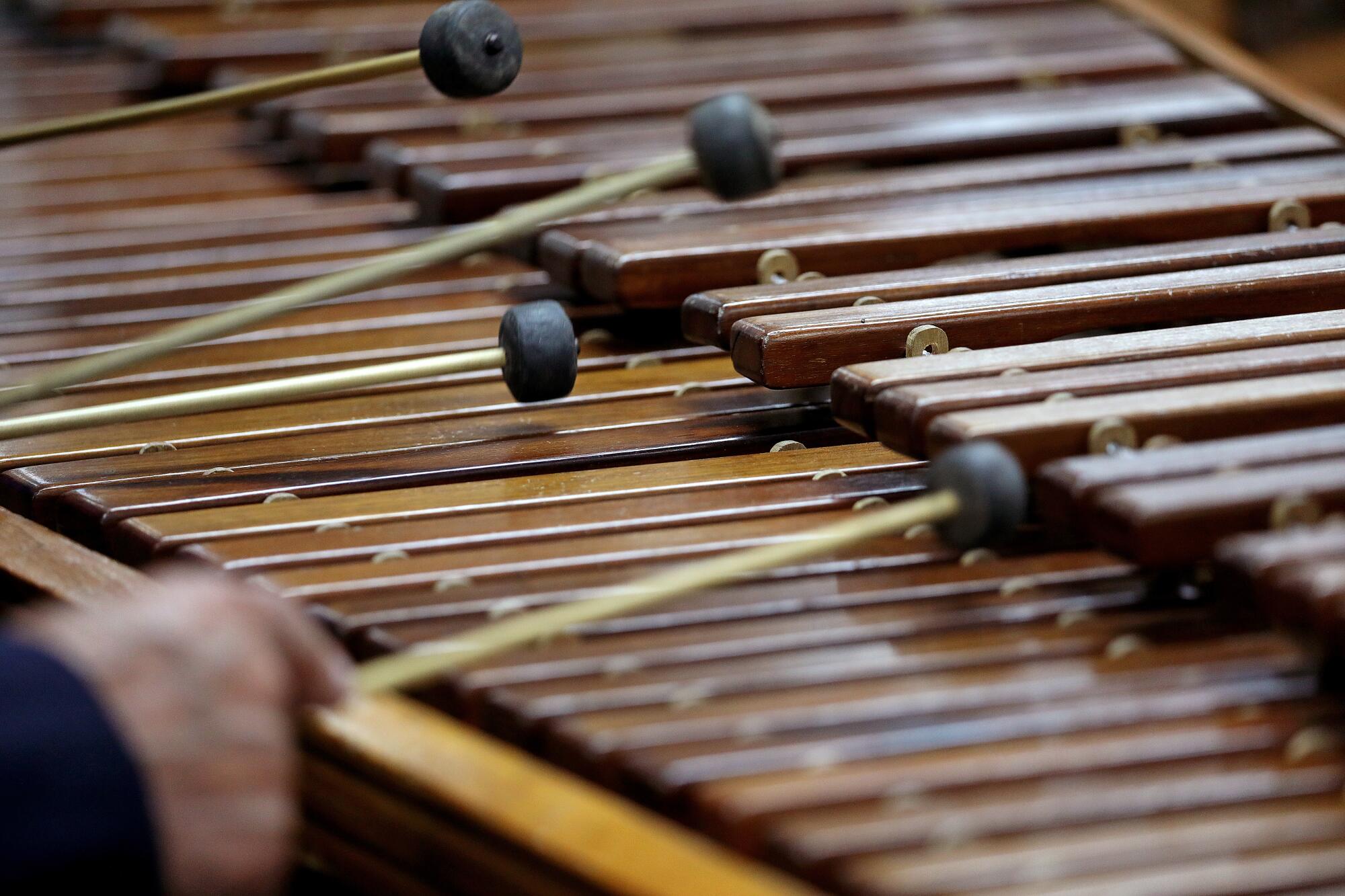 A close-up view of hands playing the marimba