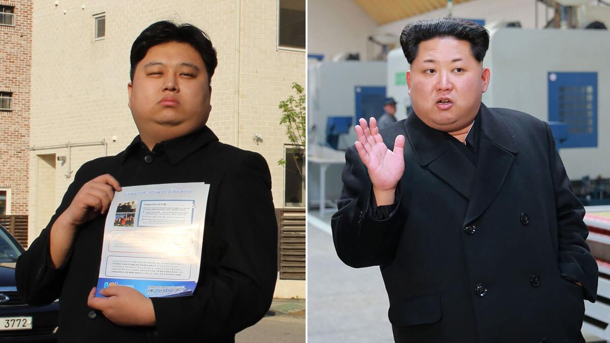 Left: Kim Minyong, 25, dressed as North Korean leader Kim Jong Un, with promotional fliers for his English-language academy in Hwaseong, South Korea, on April 11, 2016. Right: the real Kim Jong Un.