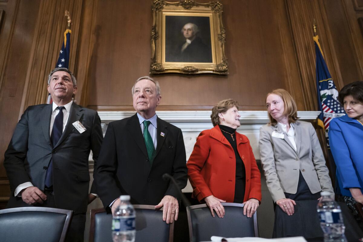 Lawmakers and diplomats stand in a row