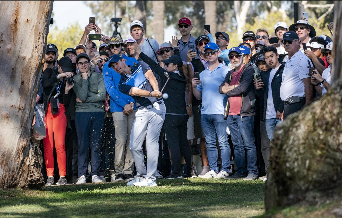 Rory McIlroy hits out of the rough in between two trees on the 13th hole during the final round of the Genesis Invitational at Riviera Country Club on Feb. 16, 2020.